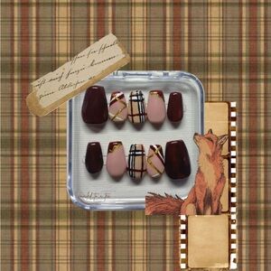 Stylish Plaid and Burgundy Handmade Press-On Nails